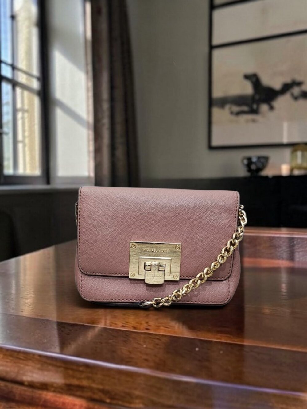Michael Kors Tina Leather Mini Small Crossbody Clutch Bag COA Chain Dusty Rose